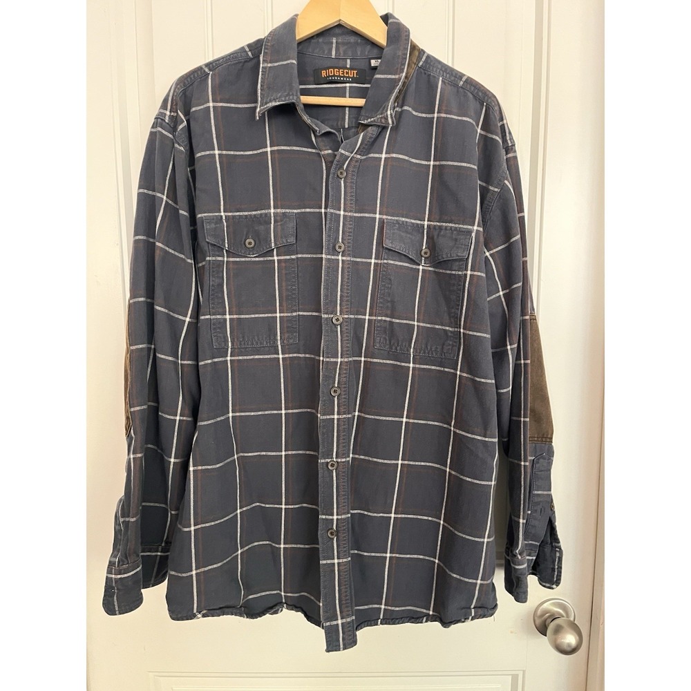 Ridgecut Roughwear Men's XL Button Shirt Blue Plaid Cotton Flannel Elbow 021‎